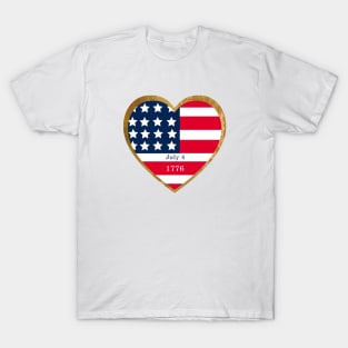 American Flag - Stars and Stripes red white blue in a gold heart  -  USA Independence Day T-Shirt